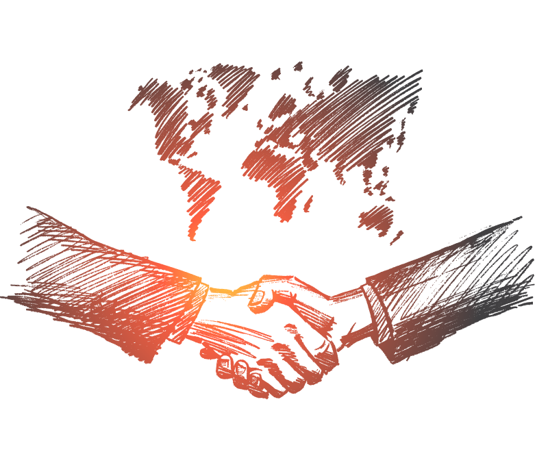 Stylized pencil illustration of two people's arms shaking hands in front of a world map
